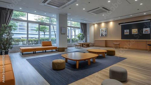 Modern Lounge Area with Large Windows  Comfortable Couches  and Wooden Tables