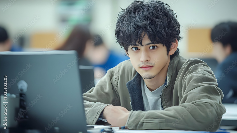 Young Man Studying on Laptop in a Classroom with a Serious Expression Young Man Studying on Laptop in a Classroom with a Serious Expression