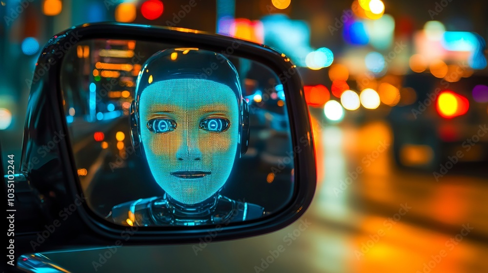 A robot face reflected in a car's rearview mirror, symbolizing autonomous driving and the future of robotaxi services. A robot face reflected in a car's rearview mirror, symbolizing autonomous driving and the future of robotaxi services.
