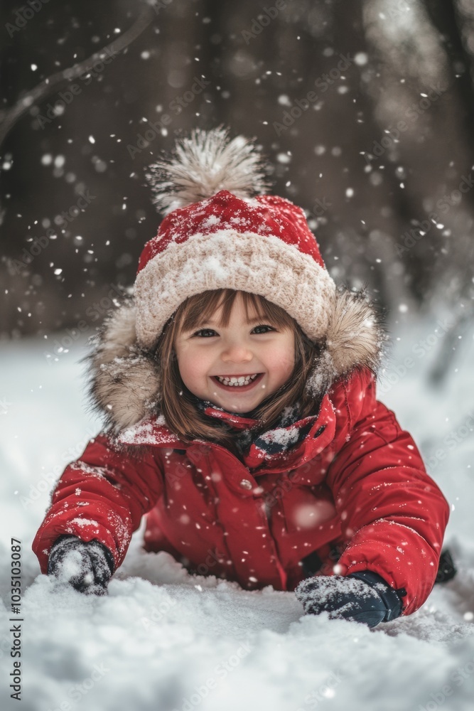 A joyful child in a red winter coat playing in the snow while it gently falls on a winter day in a forest setting A joyful child in a red winter coat playing in the snow while it gently falls on a winter day in a forest setting