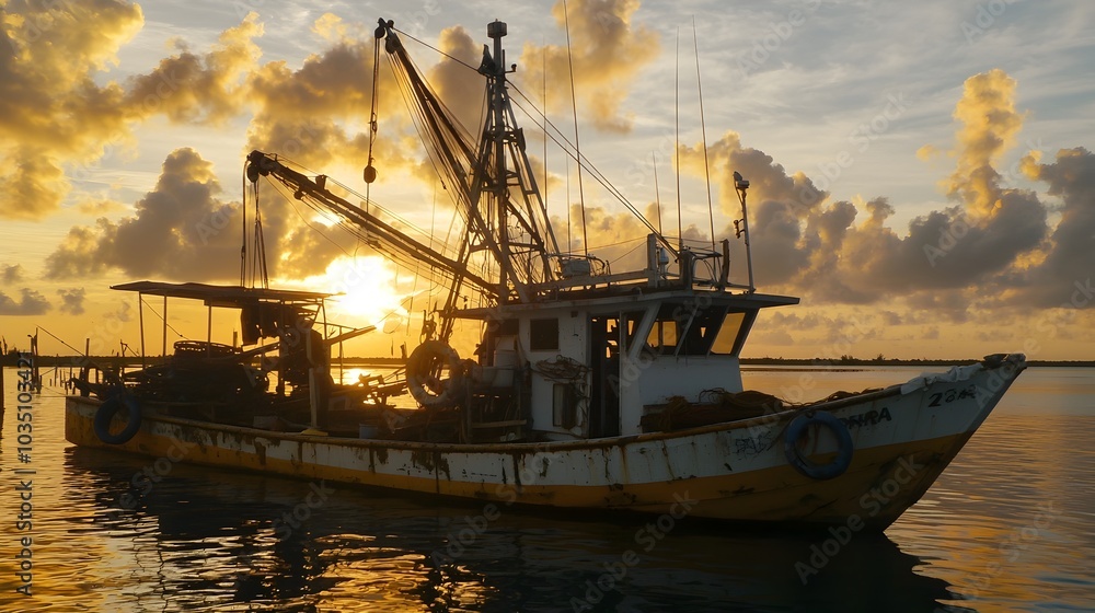 Serene and picturesque sunrise scene over a tranquil ocean with a lone fishing boat silhouetted in the distance creating a peaceful and contemplative atmosphere Serene and picturesque sunrise scene over a tranquil ocean with a lone fishing boat silhouetted in the distance creating a peaceful and contemplative atmosphere