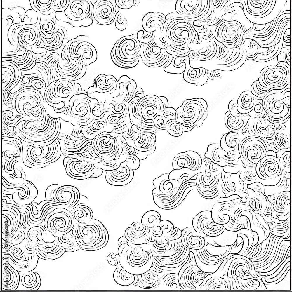 Fototapeta premium Minimalist Chinese Traditional Auspicious Cloud Pattern with Monochrome Line Drawing