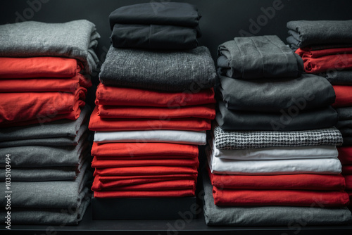 Stacked black, white, red and gray clothes are on sale on Black Friday