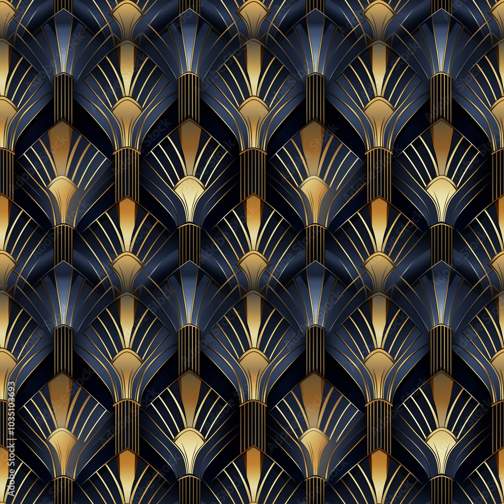 Stylish Art Deco pattern design featuring fan shapes and gold accents on a dark background Stylish Art Deco pattern design featuring fan shapes and gold accents on a dark background