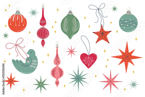 Happy holidays elements set. Cute vintage Christmas baubles, stars and toys. Nordic xmas objects for interior decoration. Hand drawn flat design vector illustration.

