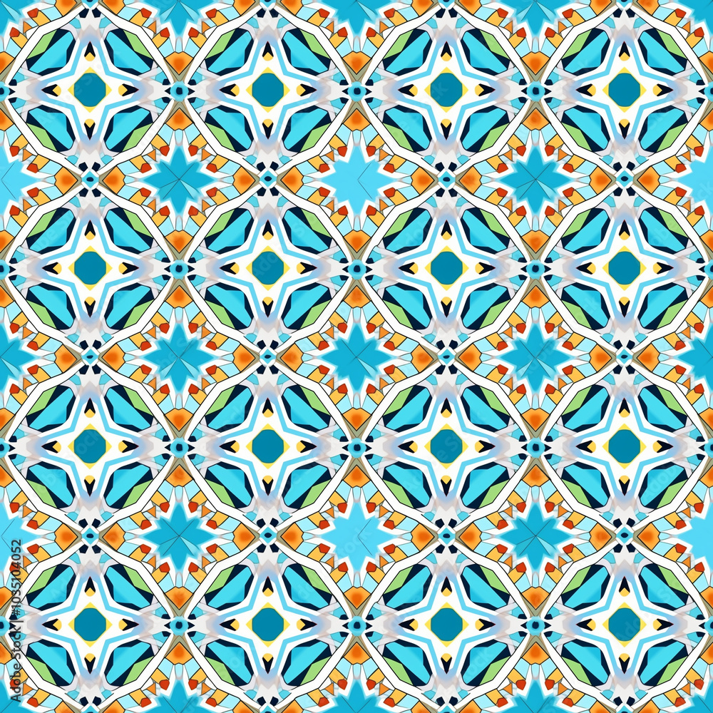 Ornate geometric pattern with blue and orange motifs on light blue background for vibrant design Ornate geometric pattern with blue and orange motifs on light blue background for vibrant design