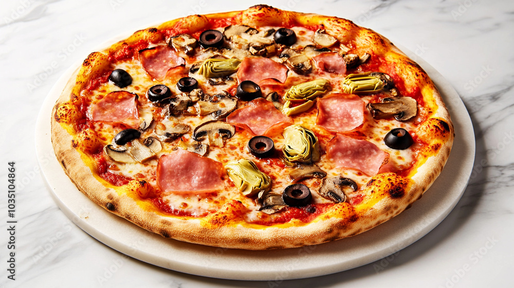 Freshly baked Neapolitan pizza with ham, mushrooms and artichokes Freshly baked Neapolitan pizza with ham, mushrooms and artichokes