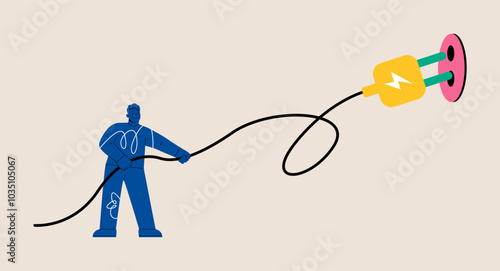 Electricity saving concept. Man pulling electric cord to unplug. Colorful vector illustration