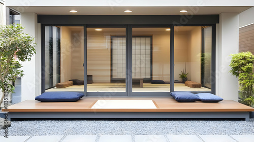 Modern Japanese Home Design  Outdoor Patio with Glass Doors Leading to Tatami Room