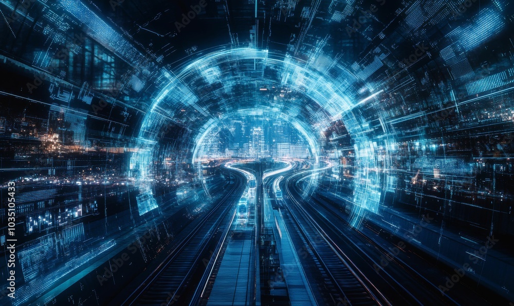 Digital tunnel with train tracks and a city in the Digital tunnel with train tracks and a city in the
