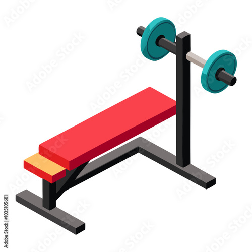 Weightlifting Bench Icon: Isometric Illustration of a weight bench with barbell 