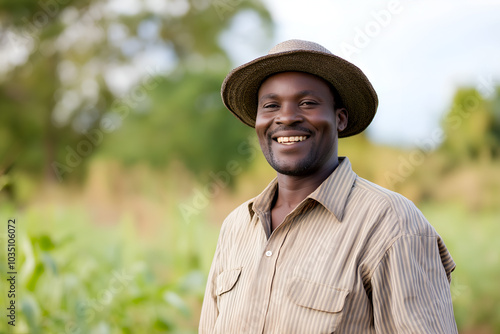 African smiling male farmer standing in a field, People photography, Men in agriculture