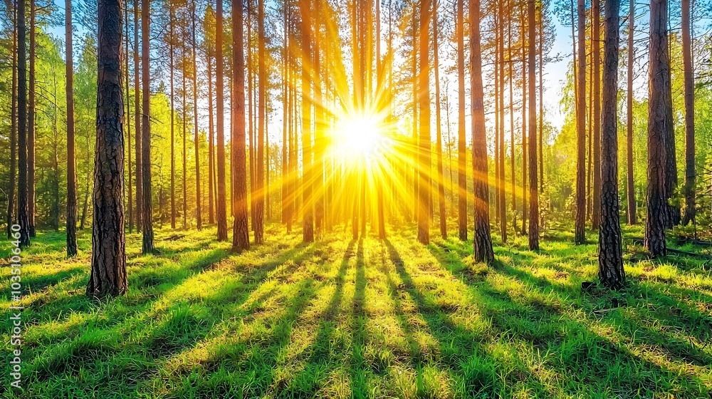 Fototapeta premium A serene and picturesque forest glade filled with tall majestic pine trees and soft dappled sunlight filtering through the lush green foliage This idyllic natural scene evokes a sense of peace calm