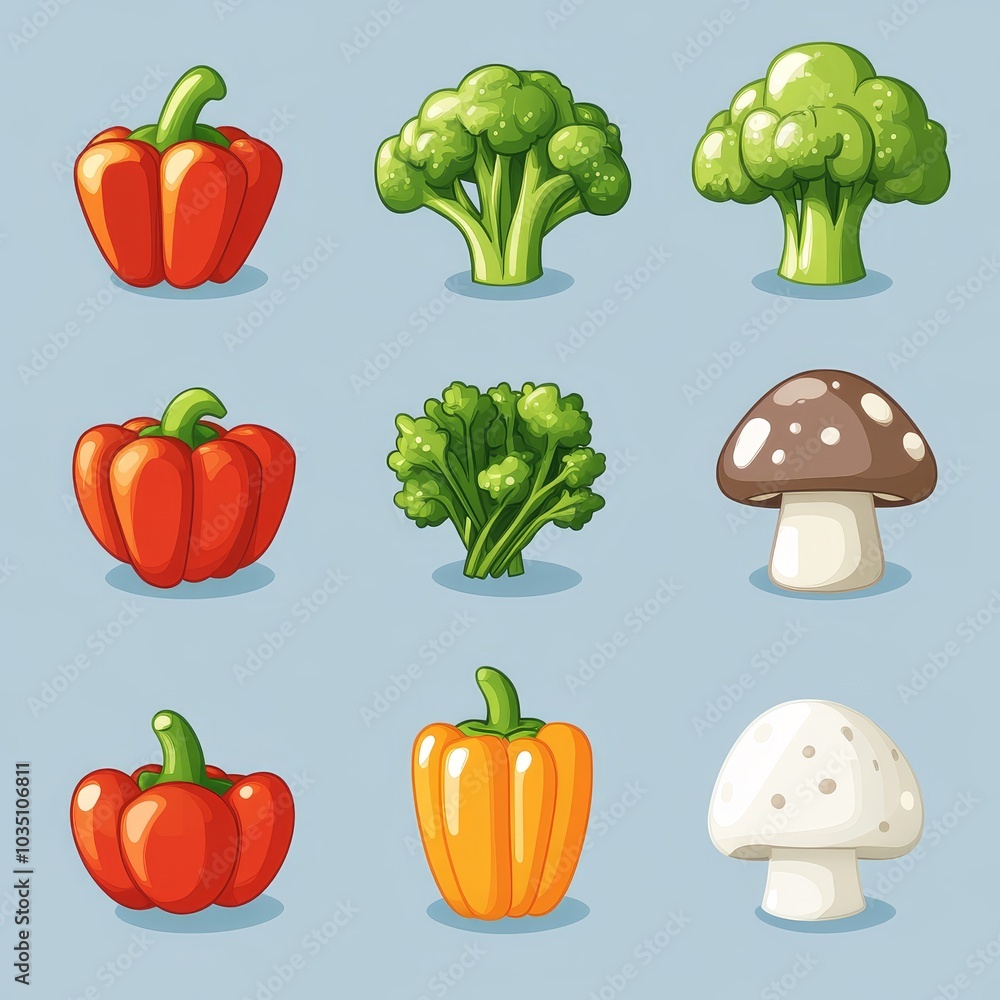 Red and Yellow Bell Peppers Broccoli Mushrooms and Parsley Cartoon Illustration Red and Yellow Bell Peppers Broccoli Mushrooms and Parsley Cartoon Illustration
