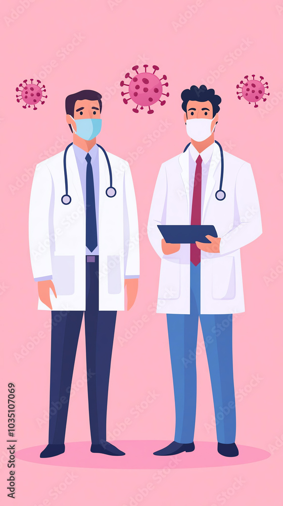 Doctors with masks and tablet, pink background Doctors with masks and tablet, pink background