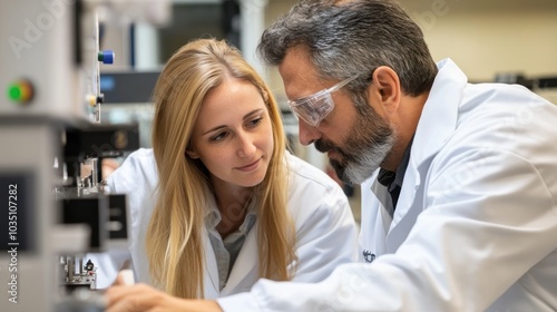 Two scientists collaborating in a lab, focusing on research and experimentation.