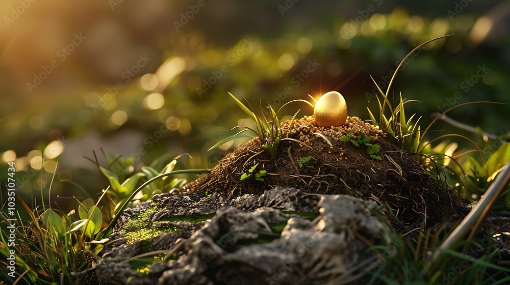 A tiny earthen mound with a golden egg on top of it A tiny earthen mound with a golden egg on top of it
