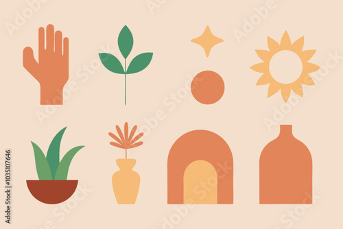 Set of vector modern minimalist. Abstract aesthetic illustration and bohemian contemporary art. Boho collection with hands, vases, flowers, arch, sun, moon and tropic plants