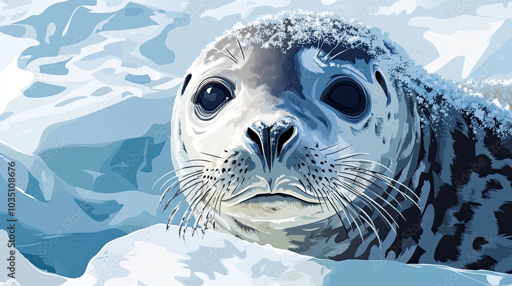 Εκτύπωση καμβά Close-up Portrait of a Seal with Snow on its Fur
