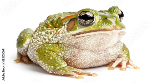 A close-up of a vibrant green frog with textured skin, showcasing its unique features.