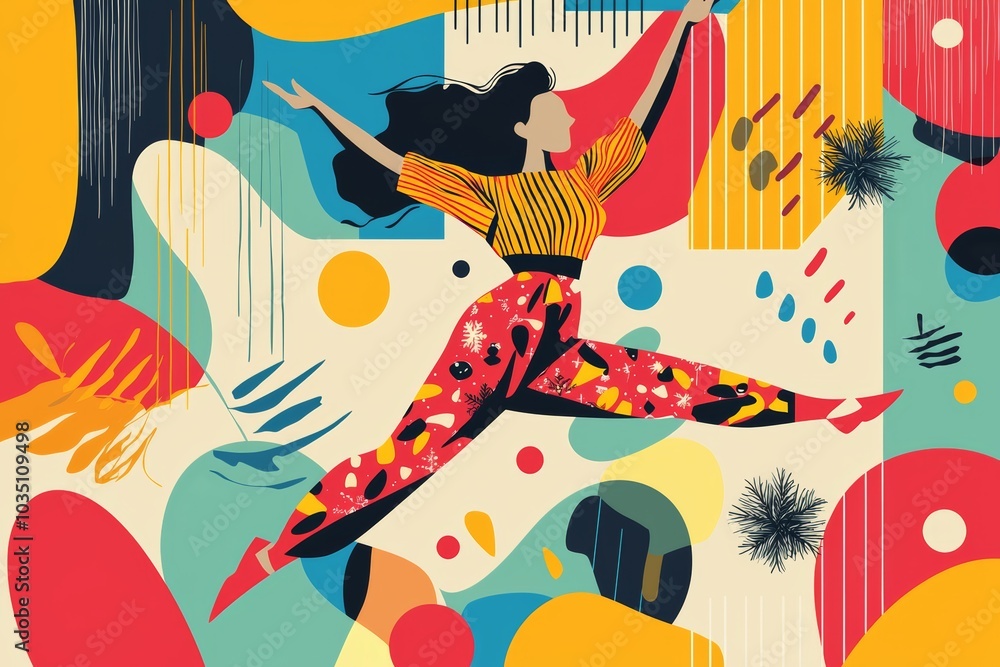 A vibrant illustration of a woman jumping joyfully against a colorful abstract background filled with patterns and shapes A vibrant illustration of a woman jumping joyfully against a colorful abstract background filled with patterns and shapes