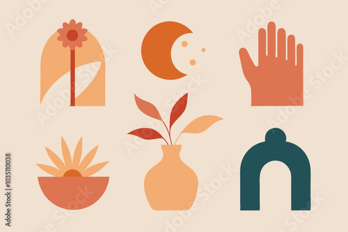 Set of vector modern minimalist. Abstract aesthetic illustration and bohemian contemporary art. Boho collection with hands, vases, flowers, arch, sun, moon and tropic plants