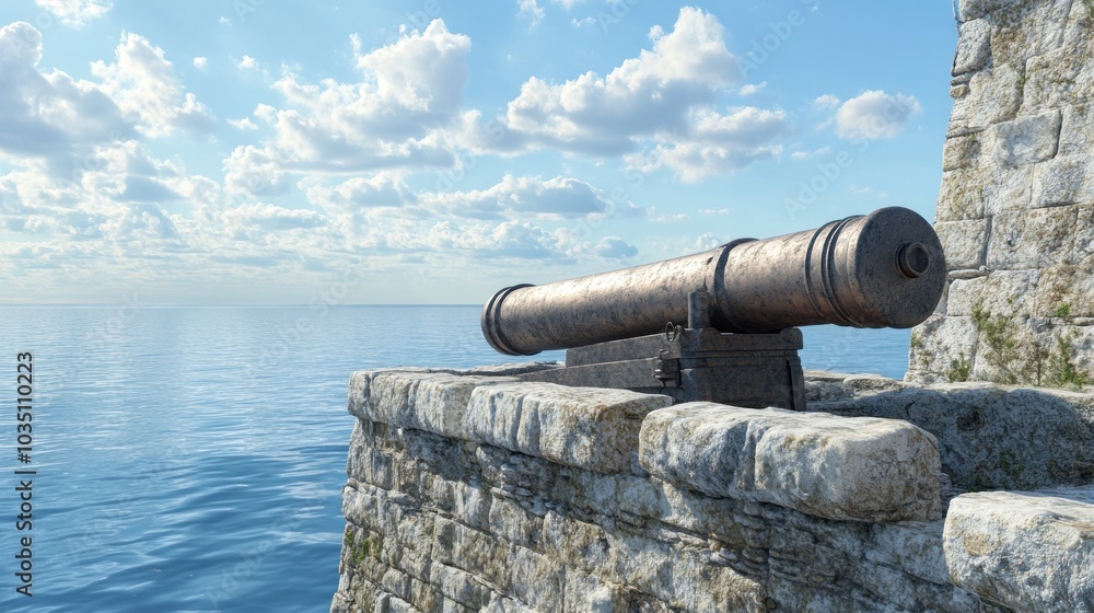 A cannon mounted on a stone wall overlooking the sea. A cannon mounted on a stone wall overlooking the sea.