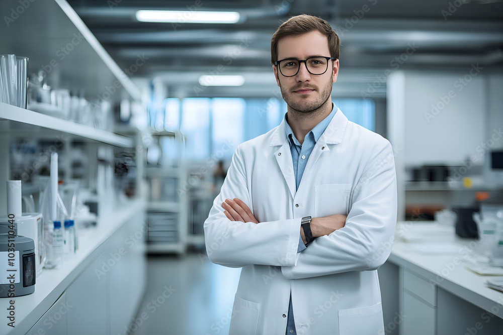 A confident scientist in a lab coat, standing in a modern laboratory, People photography A confident scientist in a lab coat, standing in a modern laboratory, People photography
