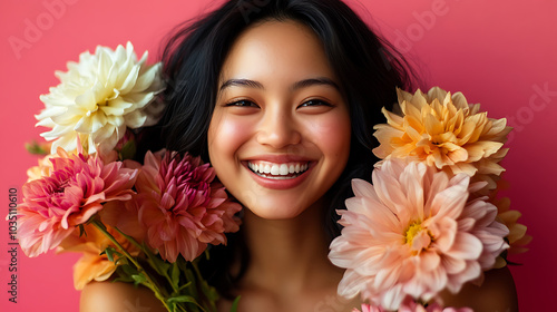 joyful young woman with radiant smile is surrounded by vibrant flowers, creating cheerful and lively atmosphere. Her expression conveys happiness and warmth, making scene inviting and uplifting photo