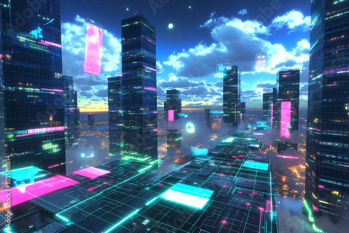 Digital Skyline Neon Cityscape