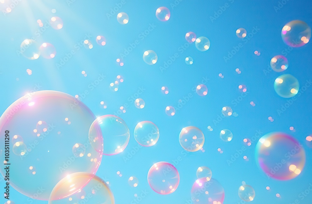 A bunch of colorful bubbles floating in the sky. The bubbles are of different colors and sizes, creating a vibrant and playful atmosphere. The blue sky serves as a backdrop, emphasizing the bright A bunch of colorful bubbles floating in the sky. The bubbles are of different colors and sizes, creating a vibrant and playful atmosphere. The blue sky serves as a backdrop, emphasizing the bright
