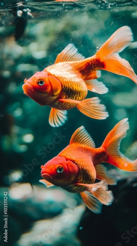 Close-Up of Two Goldfishes Swimming in Aquarium photo