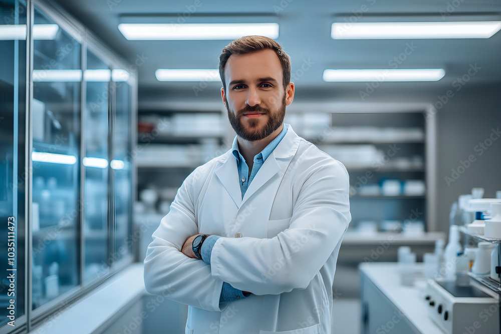 A confident scientist in a lab coat, standing in a modern laboratory, People photography A confident scientist in a lab coat, standing in a modern laboratory, People photography