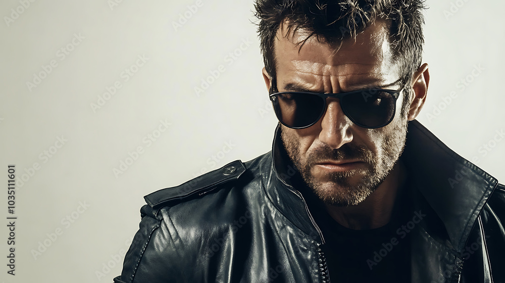 Fototapeta premium serious looking man wearing sunglasses and leather jacket, exuding tough demeanor and confidence. His intense expression adds to overall dramatic effect