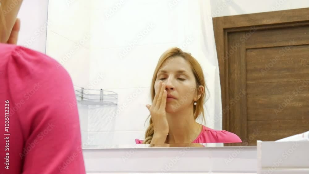 A beautiful girl smears her face with cosmetic product A beautiful girl smears her face with cosmetic product