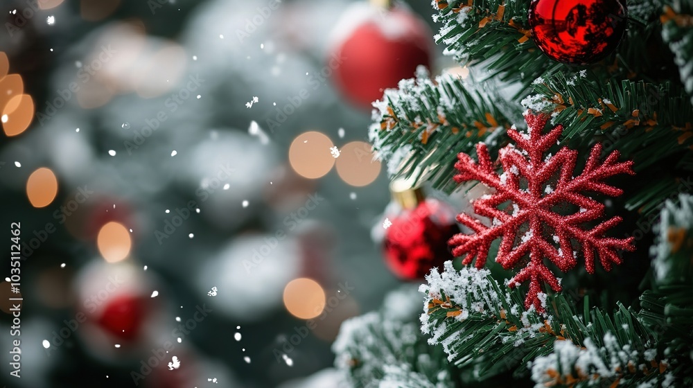 Snowy Christmas Tree with Ornaments and a Warm Glow Snowy Christmas Tree with Ornaments and a Warm Glow