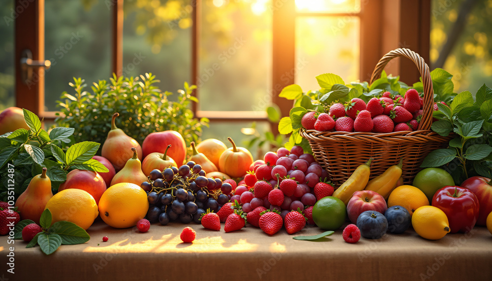 Fresh Fruit Display with Berries and Citrus in Sunlight Fresh Fruit Display with Berries and Citrus in Sunlight