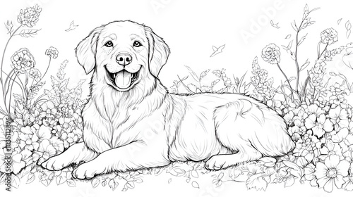 Golden retriever dog coloring page design, cute puppy outline for children book, happy pet character sketch for preschool education, friendly animal doodle illustration, adorable drawing in nature photo