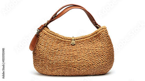 Handcrafted shoulder bag featuring woven texture and natural fibers, perfect for stylish outings. Its unique design adds touch of elegance to any outfit photo