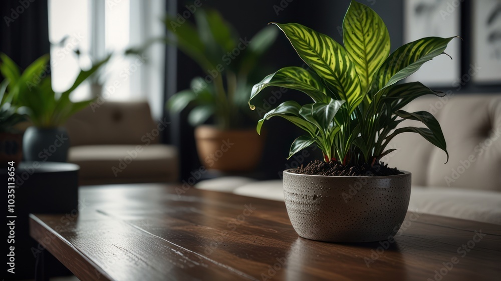 Fototapeta premium A potted plant with large green leaves sits on a wooden coffee table in a modern living room.