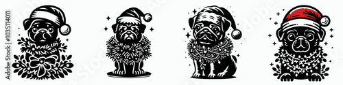 Pug in santa hat surrounded by tinsel