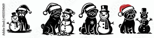 Pug in santa hat and snowman collapse fun