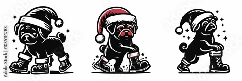 Pug in santa hat stumbling in oversized christmas boots