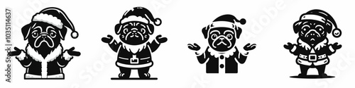 Pug dog in santa costume shrugs with holiday spirit