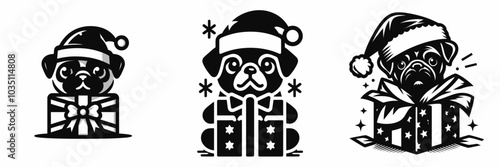 Pug dog in santa hat surrounded by christmas paper