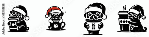Pug in santa hat hugging giant coffee cup