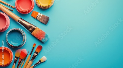 Colorful Paintbrushes and Toy Parts on Clean Table | Flat Design, Assembly Theme, Empty Space