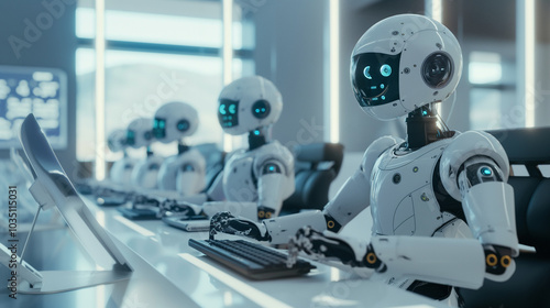 Robot working at a computer desk