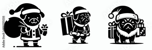 Pug in santa costume carrying gift
