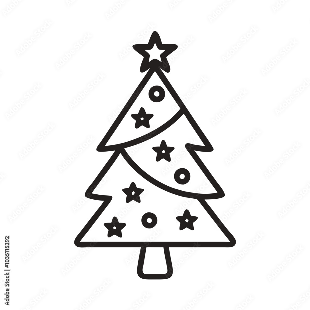 Decorated Christmas tree icon with star and ornaments in outline style Decorated Christmas tree icon with star and ornaments in outline style